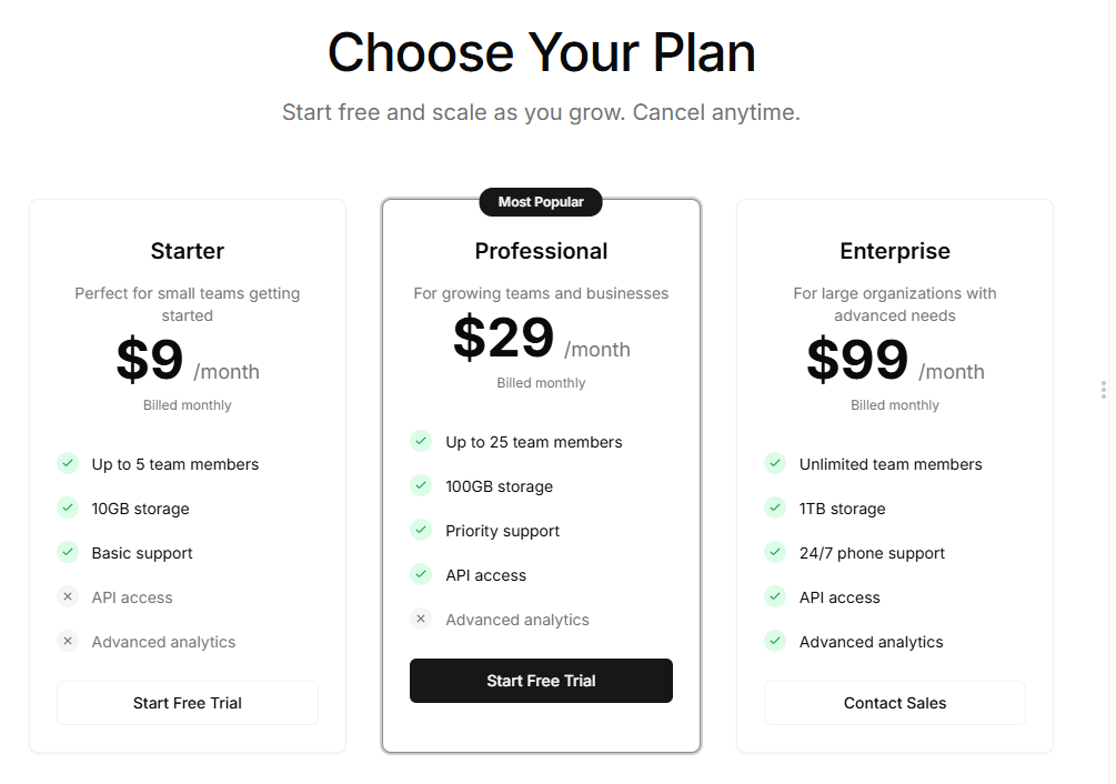 Pricing Grid preview